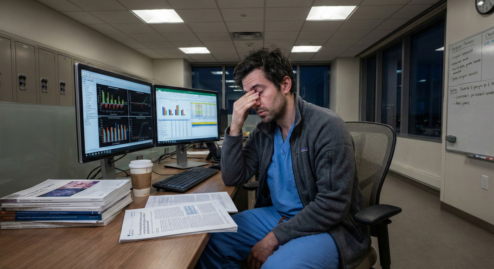 Surgical resident reviewing research data late at night -  for Is Matching ENT or Plastics Impossible Without Massive Researc