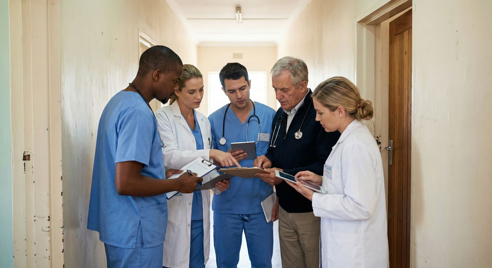 Team huddle discussing challenging case in a mission clinic -  for Ethical Decision-Making Frameworks for Trainees in Low-Res