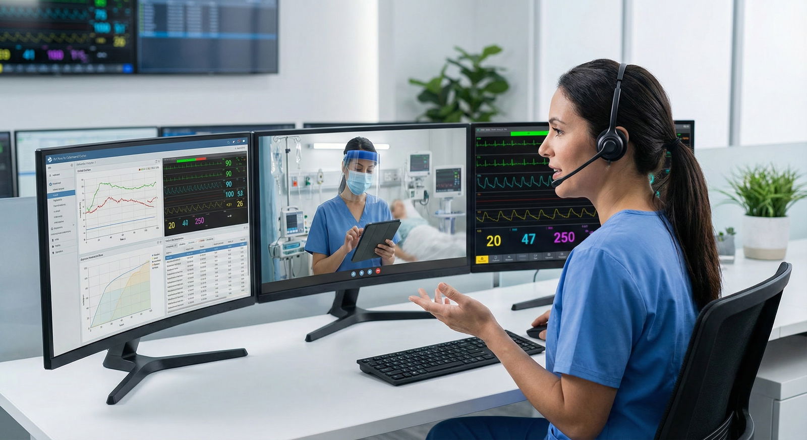 Tele-ICU nurse collaborating with bedside ICU nurse via video call -  for Tele‑ICU Careers: Workflow, Monitoring Protocols, a