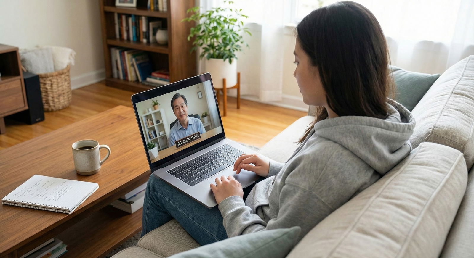 Telehealth therapy session on laptop for a medical trainee -  for What Type of Therapist Is Best for Med Students and Residen