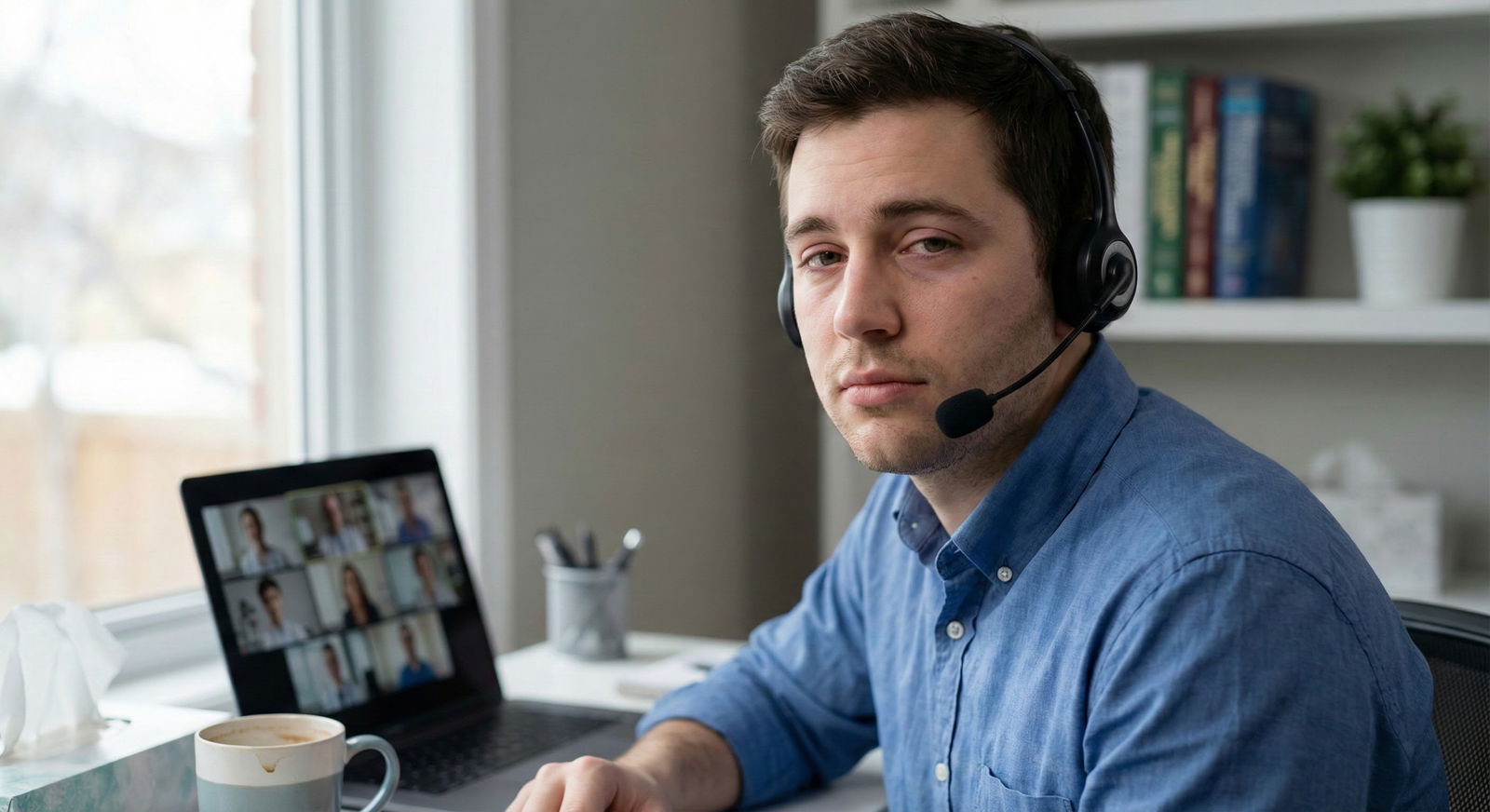 Tired but professional resident on a virtual call -  for Virtual Interviewing While Sick: When to Cancel vs Push Through