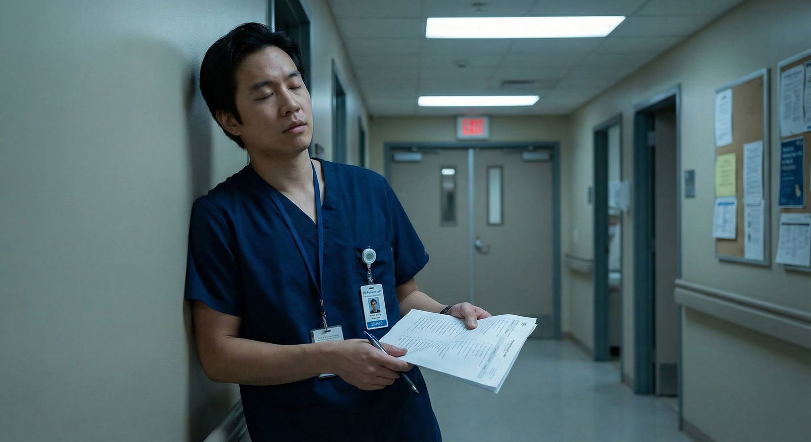 Tired resident doctor taking a brief break in a hospital hallway -  for If Your Senior Is Disorganized: How to Create Your Ow