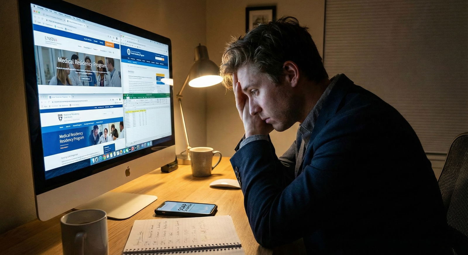 Resident physician looking uncertain while reviewing training options on a computer -  for Can You Switch from Peds to IM or