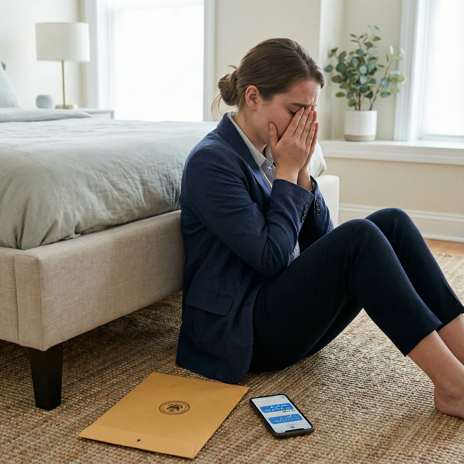Unmatched medical graduate sitting alone in a quiet room with match envelope unopened, phone nearby with supportive text mess