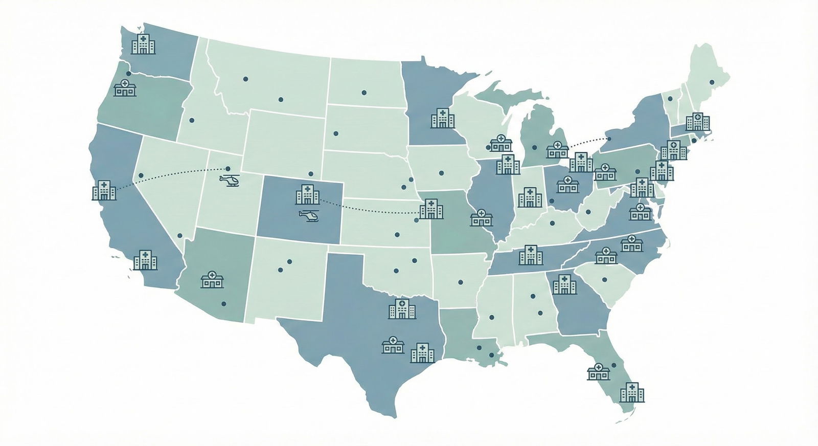 US map highlighting different hospital locations for residency programs -  for Will a Transitional Year Help Me Recover from