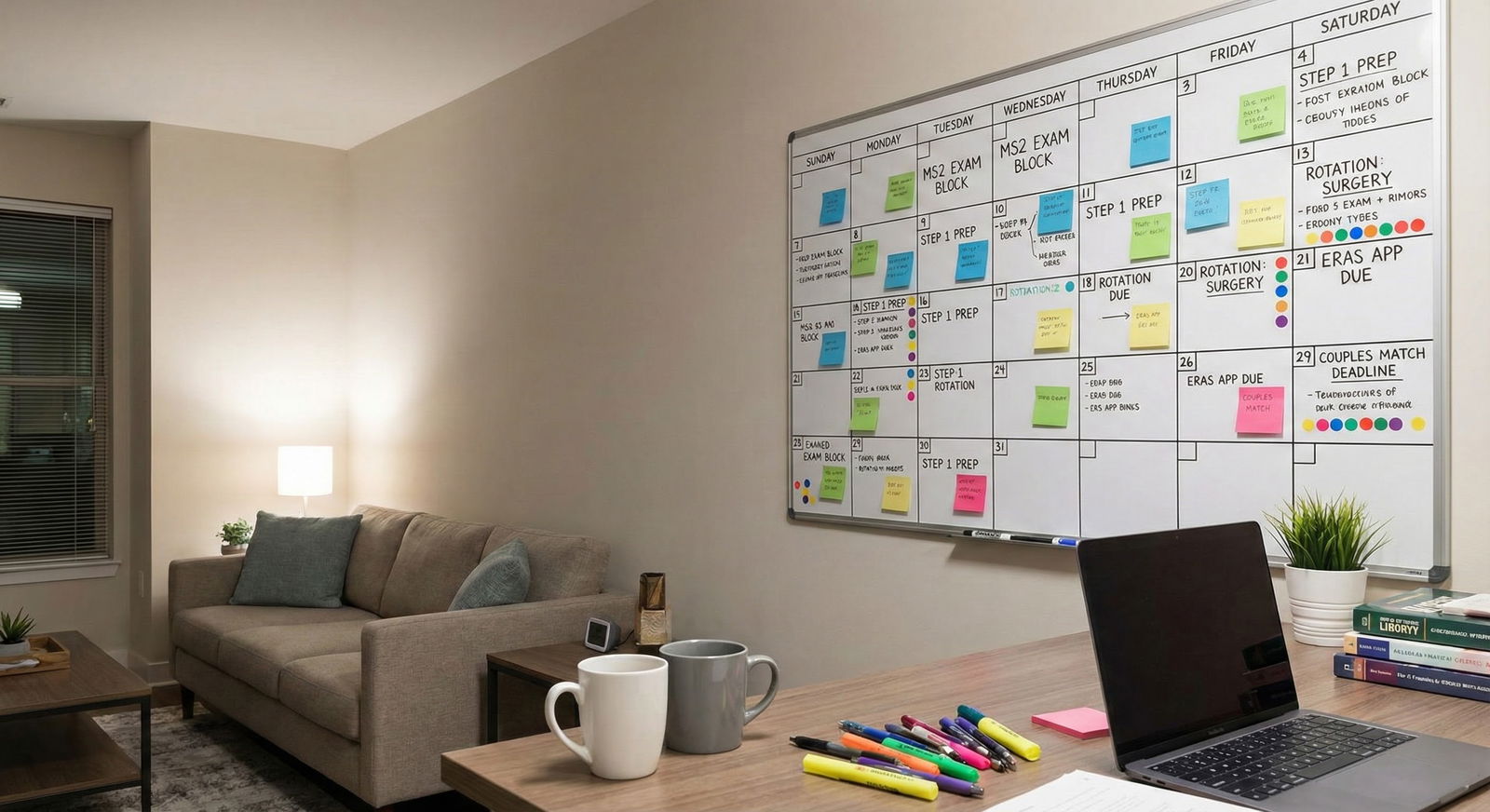 Wall calendar filled with color-coded exam and rotation dates -  for MS2 and Step Exams: Timing Board Prep When You Plan to C