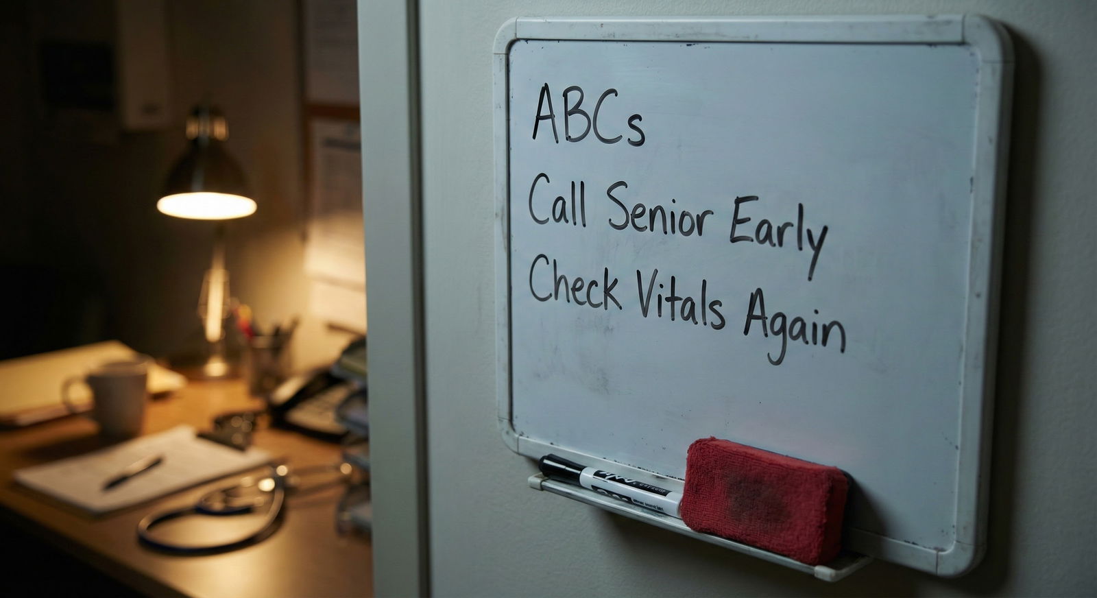 Whiteboard in call room with emergency management keywords -  for Covering a Specialty You Don’t Know Well Overnight: Surviva
