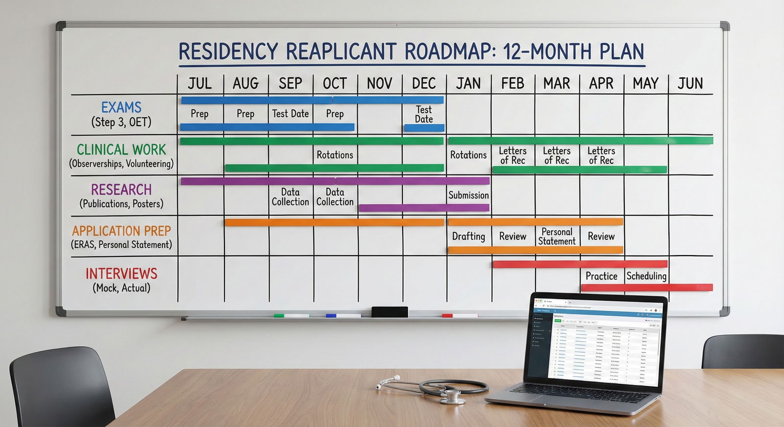 Whiteboard plan of a strong 12-month reapplicant roadmap -  for Reapplicant Year Roadmap: 12-Month Plan to Rebuild Your Appli