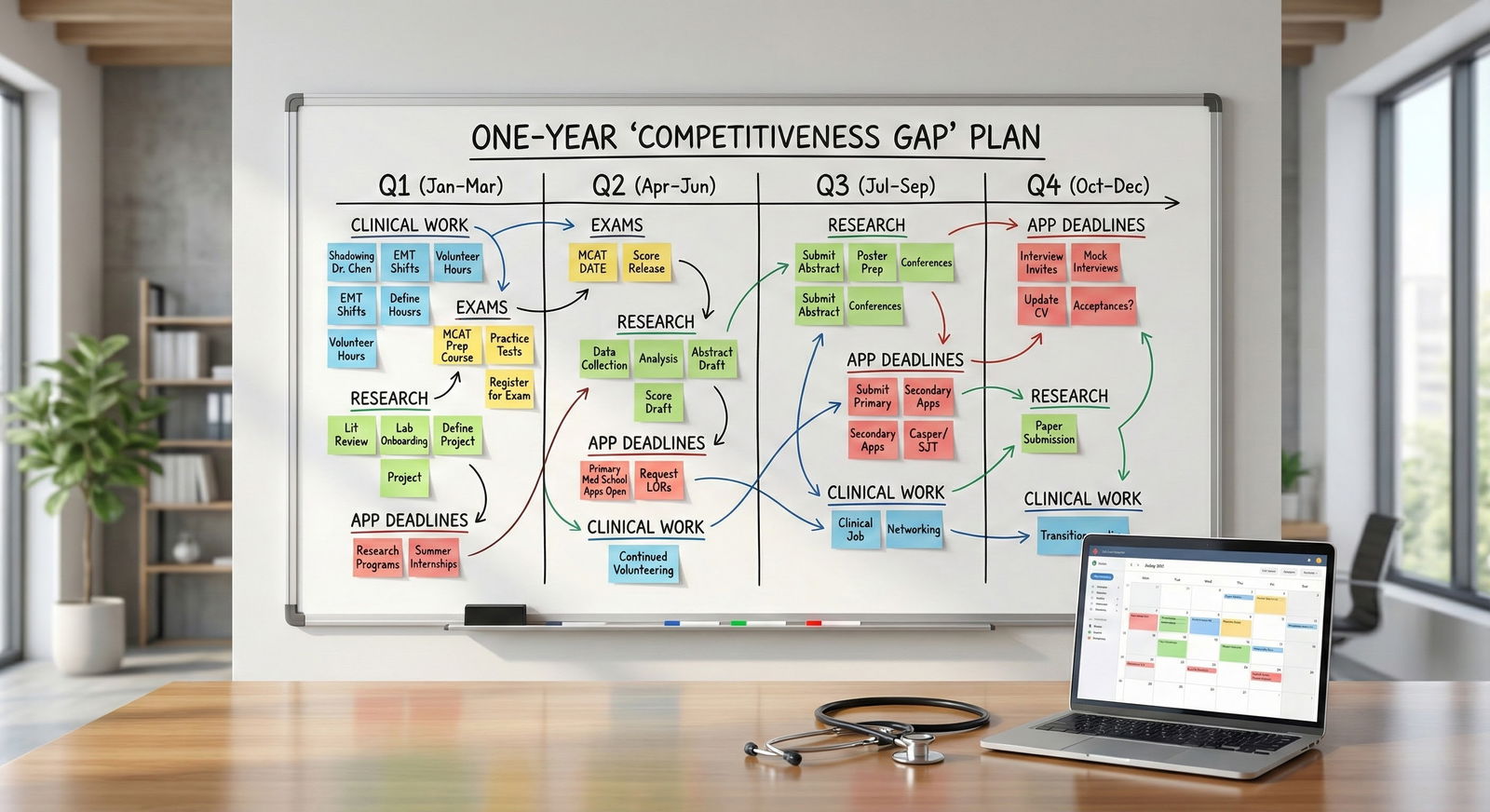 Whiteboard with one-year gap plan broken into quarters -  for Building a One-Year ‘Competitiveness Gap’ Plan After Graduation