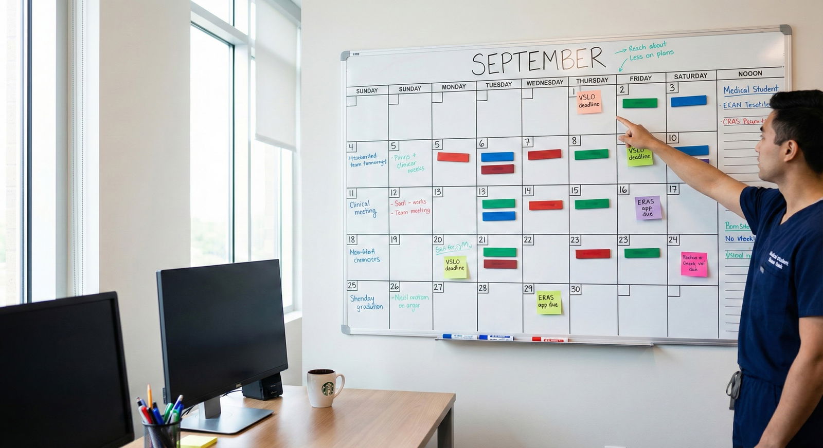 Whiteboard with residency application timeline and away rotation blocks Whiteboard with residency application timeline and away rotation blocks - for Coordinating ERAS Submission with VSLO and Awa