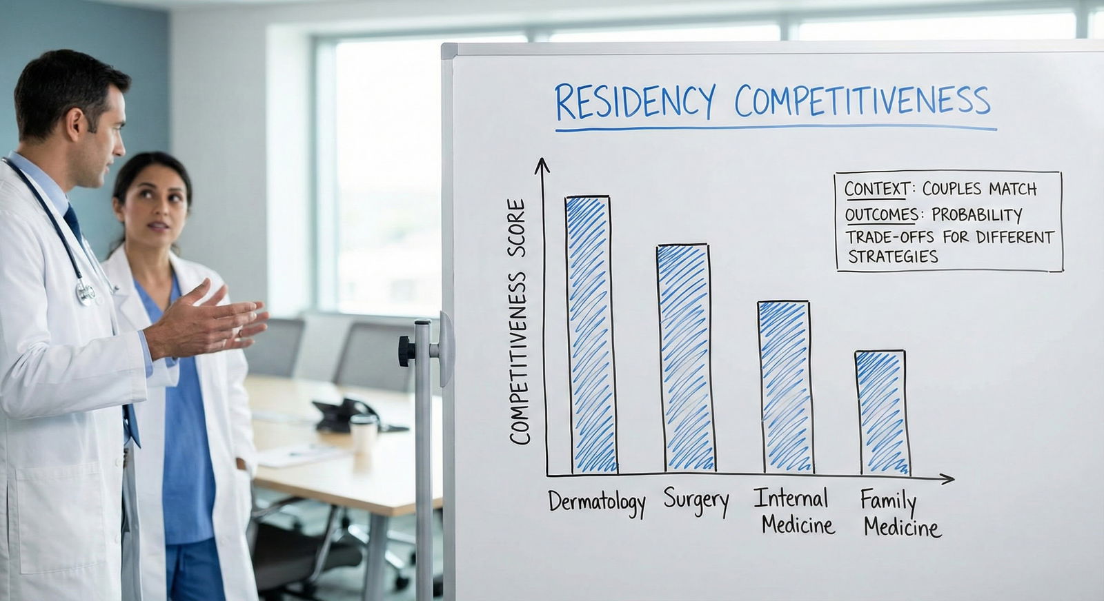 Whiteboard with residency specialties and competitiveness levels graphed -  for Couples Match Outcomes: Probability Trade-Off
