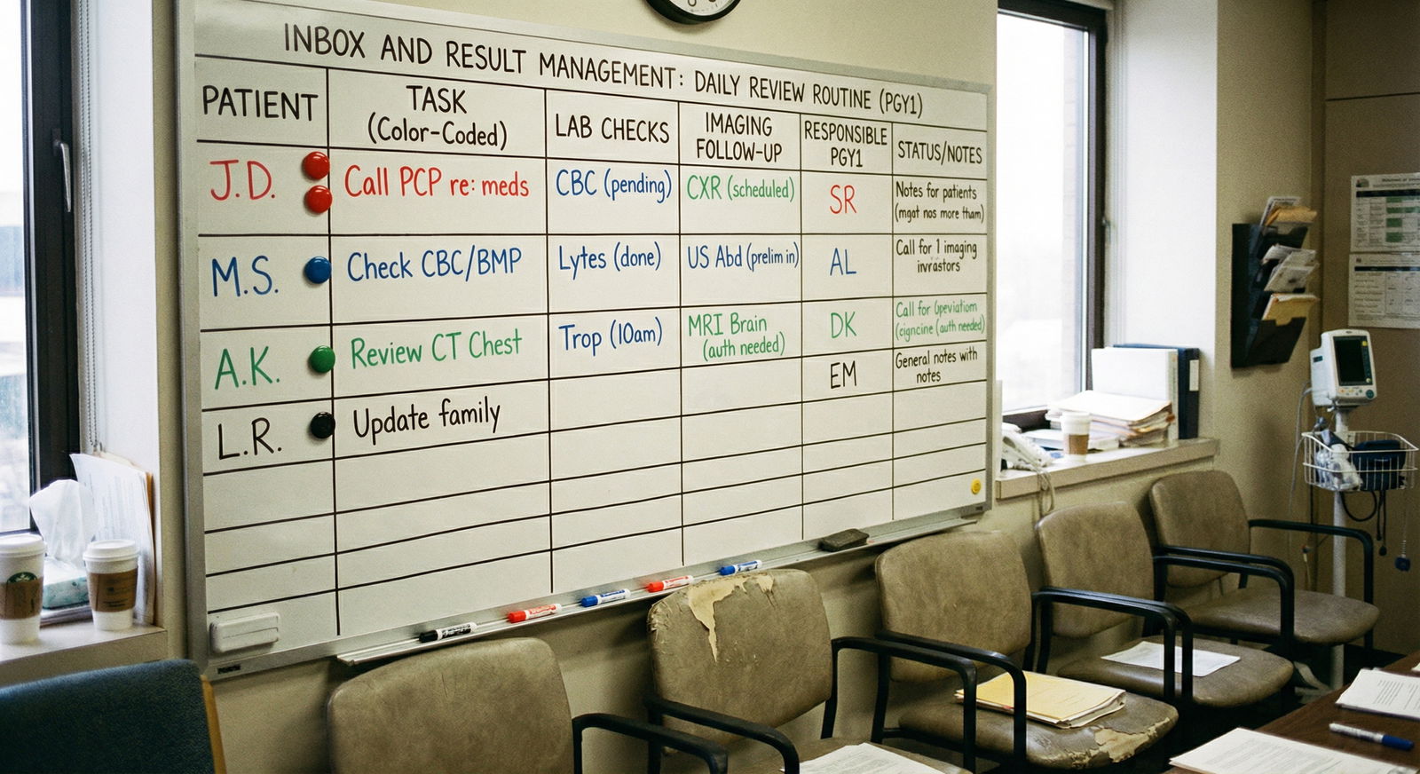 Whiteboard with residents' follow-up task list -  for Inbox and Result Management: Building a Daily Review Routine PGY1