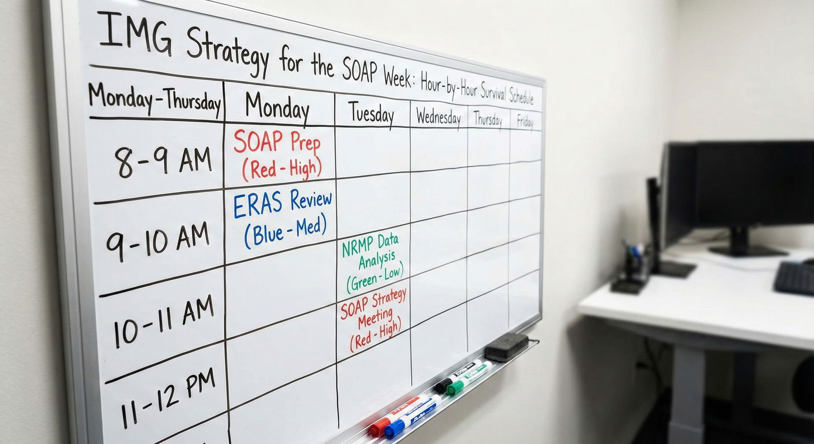 Whiteboard with SOAP week hour-by-hour schedule and priority codes -  for IMG Strategy for the SOAP Week: Hour‑by‑Hour Surviv