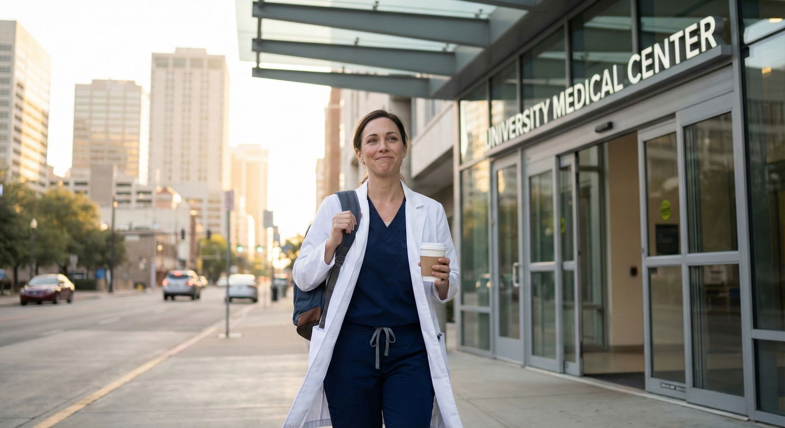 Young attending leaving hospital at sunrise after call -  for Can You Negotiate Call Responsibilities as a New Attending? Her