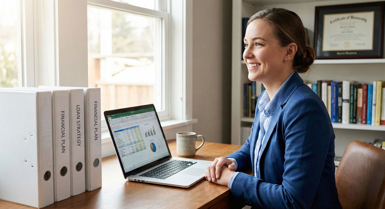 Young attending physician smiling in a modest home office with financial documents organized Young attending physician smiling in a modest home office with financial documents organized - for I Matched a Low-Paid Resi