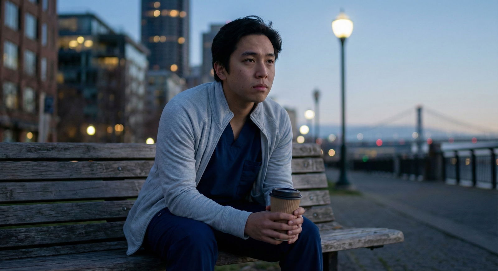 Young doctor sitting on a city bench before sunrise, looking tired but thoughtful Young doctor sitting on a city bench before sunrise, looking tired but thoughtful - for If You’re an Intern Who Already Regr