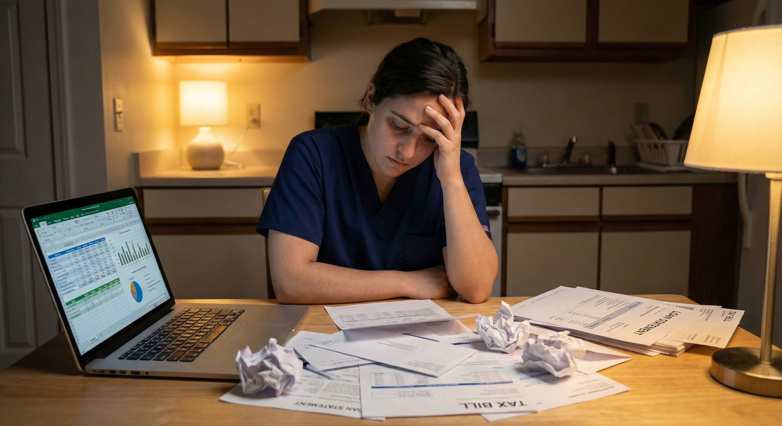 Young physician looking stressed over finances at kitchen table -  for What If My Student Loans and High Taxes Mean I’ll Neve