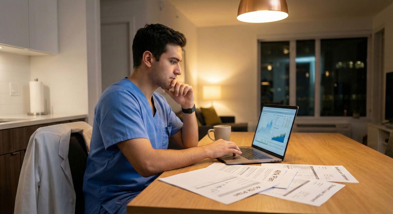 Young physician reviewing finances and student loan statements at home -  for Should I Max My 401(k) or Crush Med School Debt