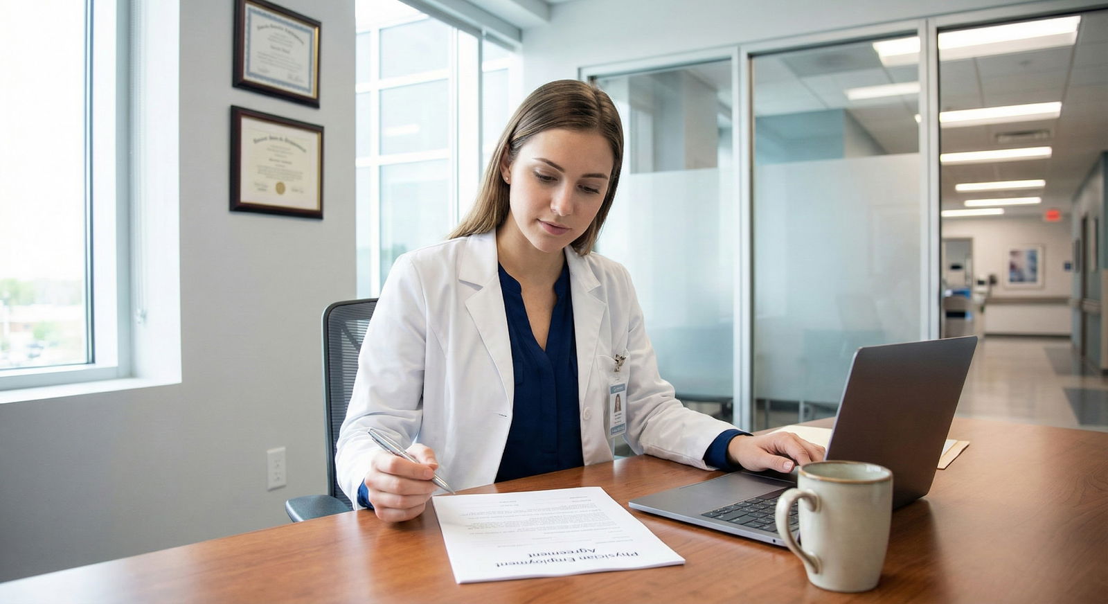 Physician reviewing employment contract with data charts -  for Physician Contract Lengths and Renewal Rates: What the Number