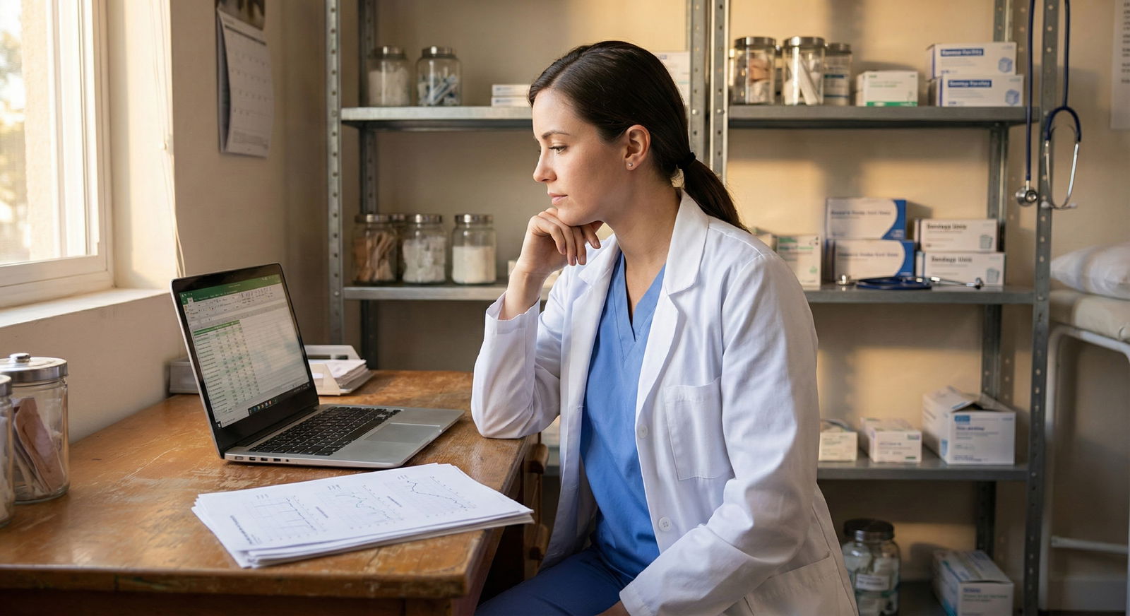 Young primary care physician reviewing finances in a modest clinic office Young primary care physician reviewing finances in a modest clinic office - for How Many Years Until Break-Even in the Lowes