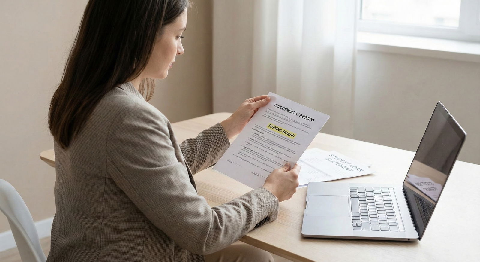 Young professional reviewing loan documents and contract signing bonus Young professional reviewing loan documents and contract signing bonus - for Is It Smart to Use a Signing Bonus Entirely for