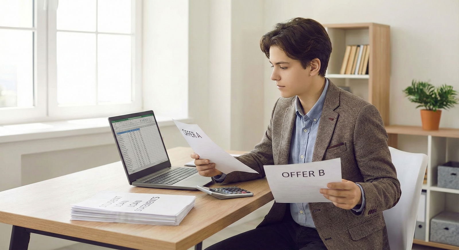 Young professional weighing two job offers with financial paperwork and student loan statements on a desk -  for Should I Cho