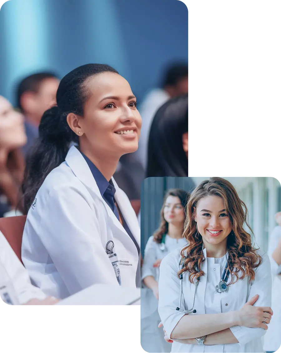 A group of medical students in white coats attentively listening during a lecture; a smiling female medical student is in focus, symbolizing engagement and ambition in the medical journey.