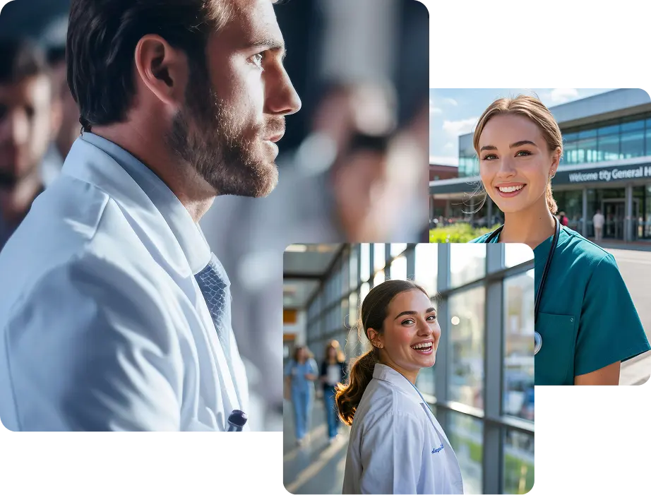 A close-up collage of medical professionals: a focused male doctor, a cheerful female nurse outside a hospital, and a smiling female student walking in a bright corridor—showcasing confidence, diversity, and readiness for residency.