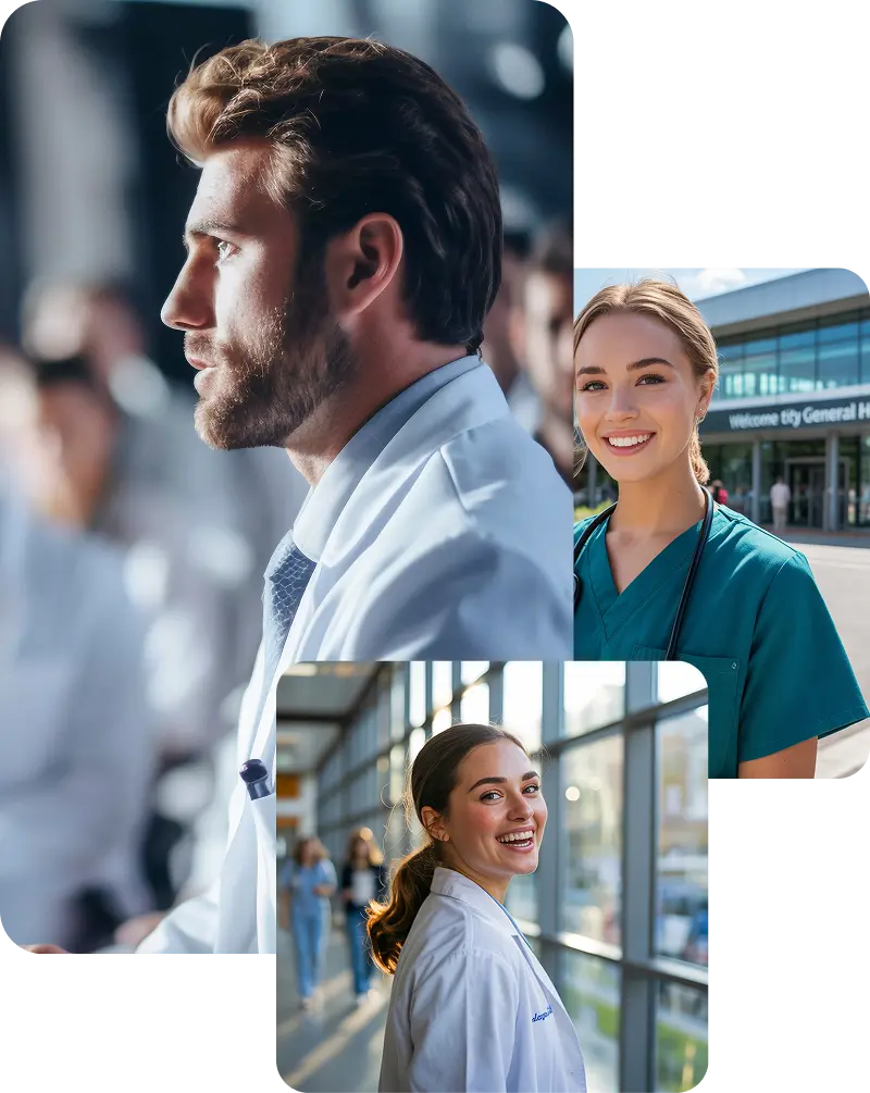 A collage of three medical professionals: a serious male doctor in a white coat, a smiling female nurse in green scrubs outside a hospital, and a happy female medical student in a sunlit hallway—representing diverse paths in medicine and personalized residency choices.