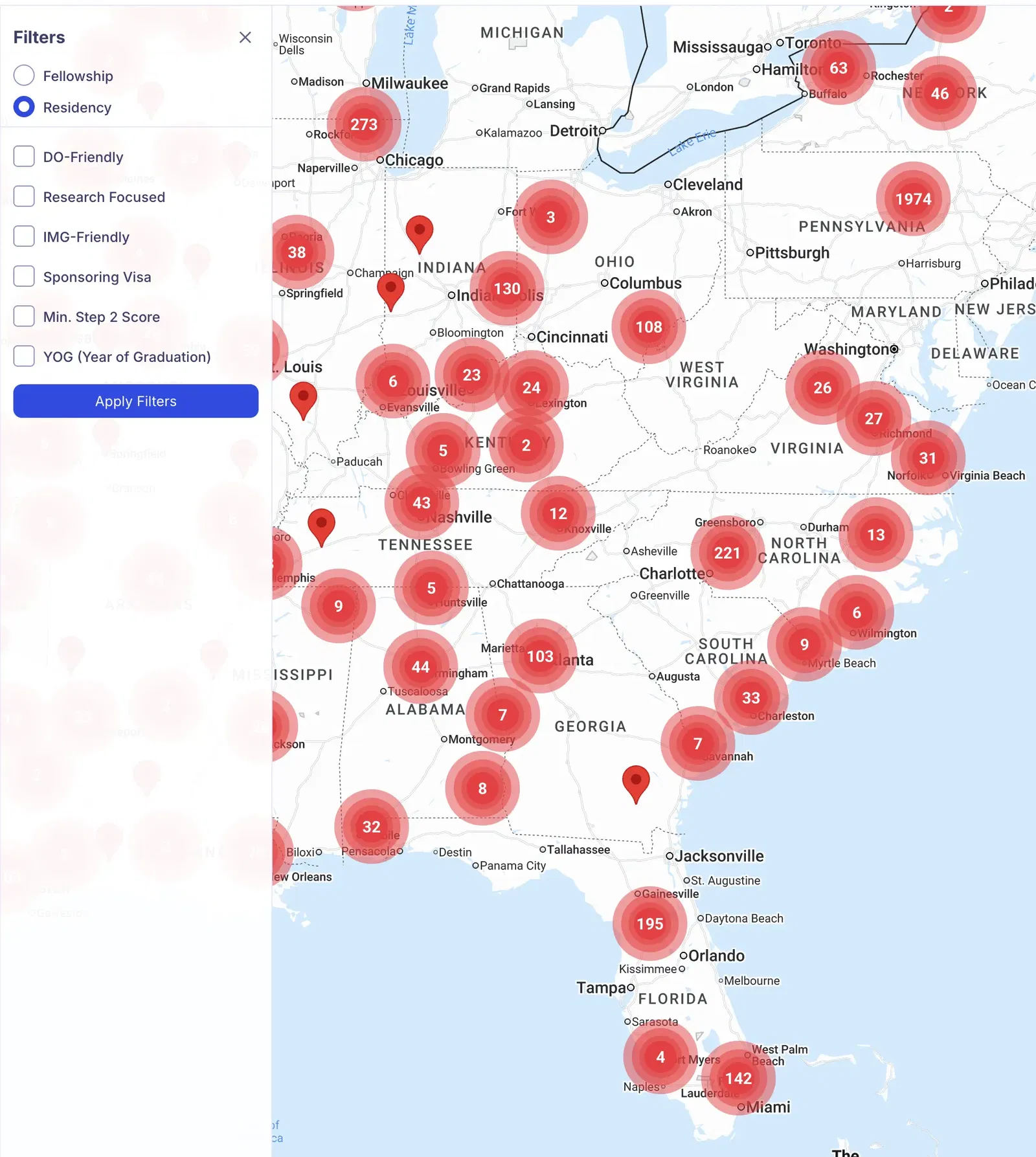 Interactive map showing residency programs across the United States